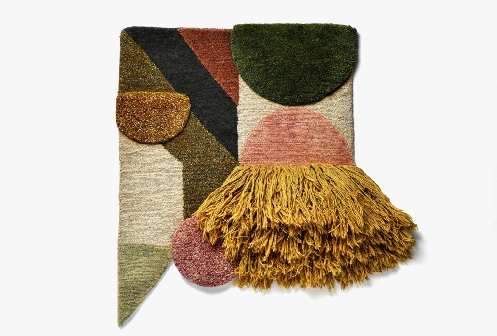 textiles Poster <em>lyk carpet x bauhaus #1</em>. 100% handgesponnene, tibetische Hochlandwolle, handgeknüpft, pflanzlich gefärbt, DINA 1. Zertifiziert vom Fairtrade-Label-STEP.